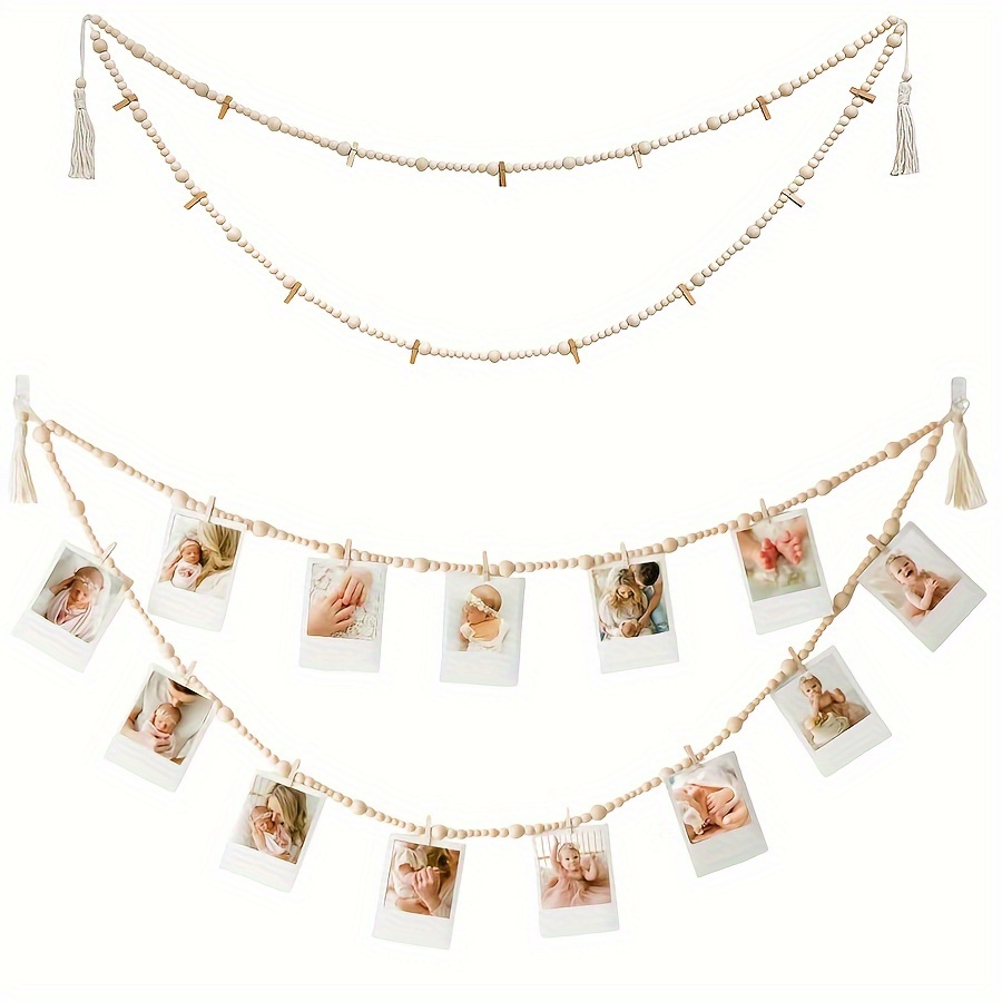 

Bohemian Wooden Bead Garland, Hanging Photo Display Clip, First Birthday Photo String Clip, Includes 13 Clips, Artistic Display Stand For Birthday Party