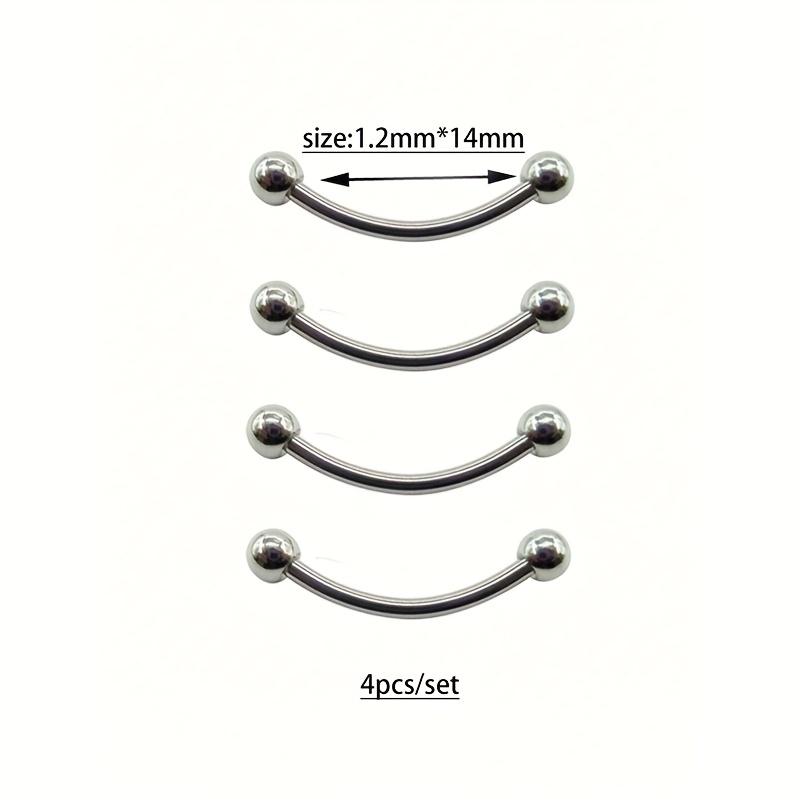 TEMU Juego de 4 piezas de joyería para piercing de lengua de acero inoxidable de 1.2 mm de diámetro, barra curva desmontable de para piercings de