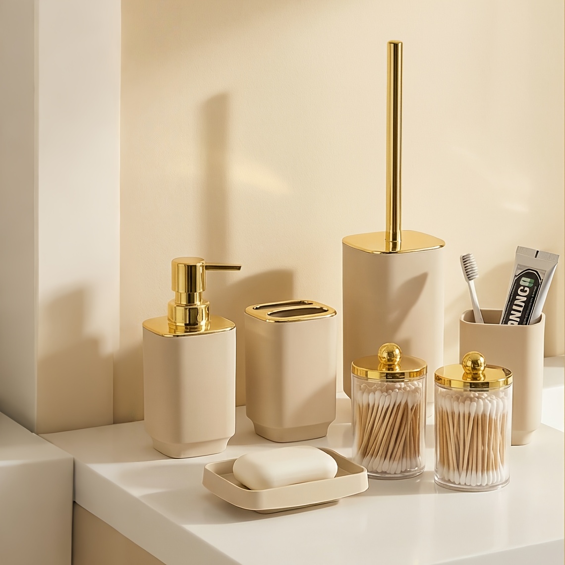 Image of 7pcs Bathroom Kit (plastic Body + Golden-plated Stainless Steel): Toiletry Set, Toilet Brush, Storage Containers | Bathroom Organizer, Storage Supplies & Cleaning Tool Combination Set