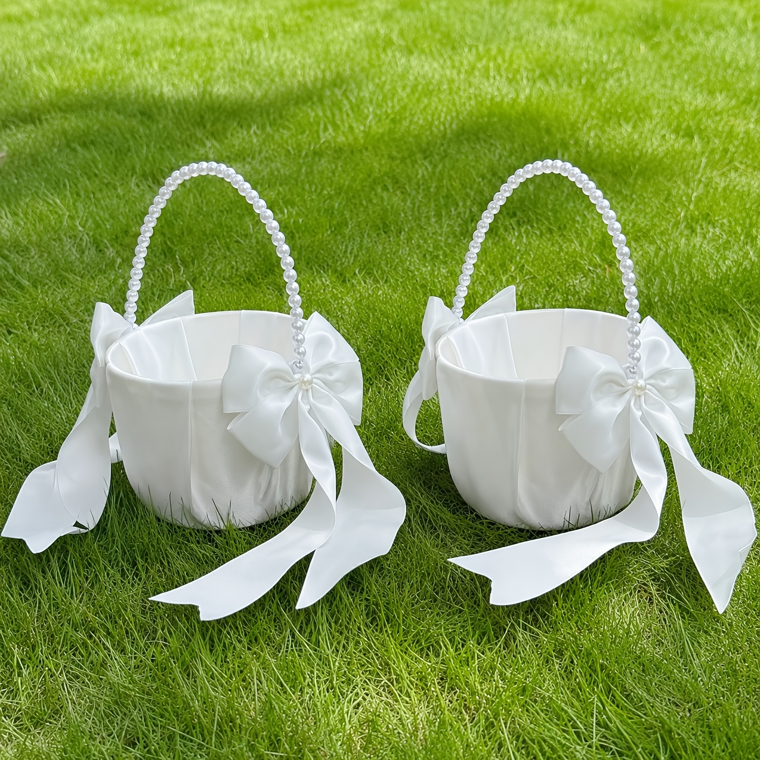 TEMU 1pc/2pcs Cesta de Apilable Blanca para Boda con Asa Flexible de de Perlas, Moños Grandes de Cinta de Satén, para Decoración de de Boda