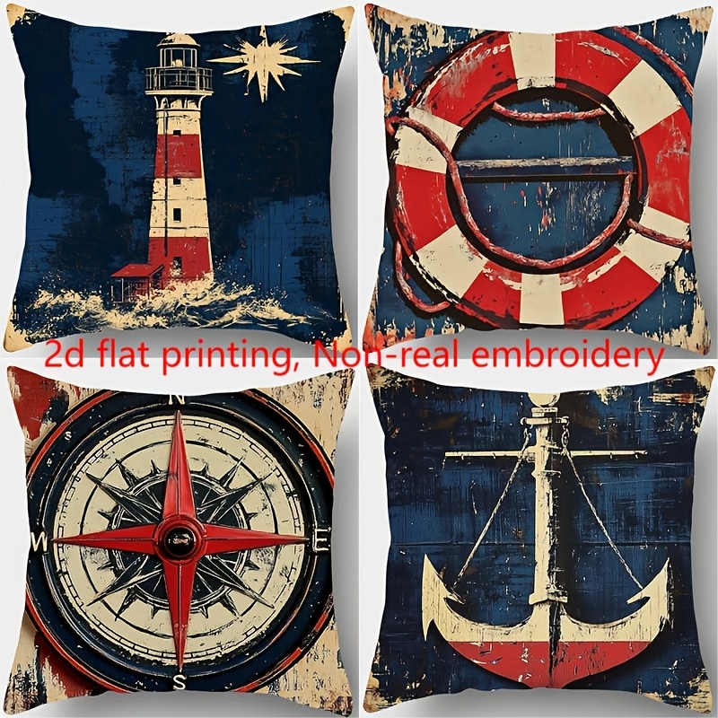 TEMU Set Of 4, Featuring A Navigation Design With Lighthouse, Anchor, And Compass , Cozy And Stylish, Measuring 17.72 Inches By 17.72 Inches, Ideal