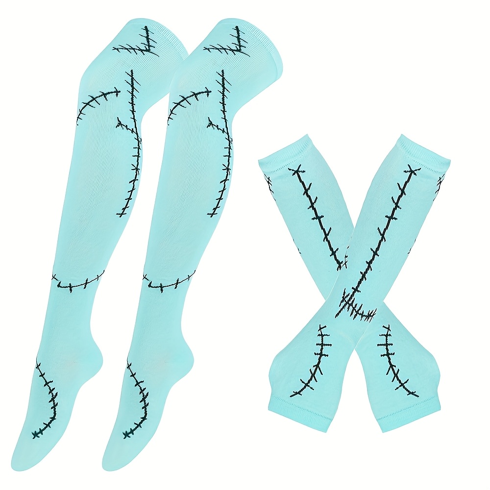 TEMU Lot de 2 paires de collants de costume Sally avec imprimé - Chaussettes montantes pour femme adaptées au cosplay, aux fêtes à thème, au jeu de