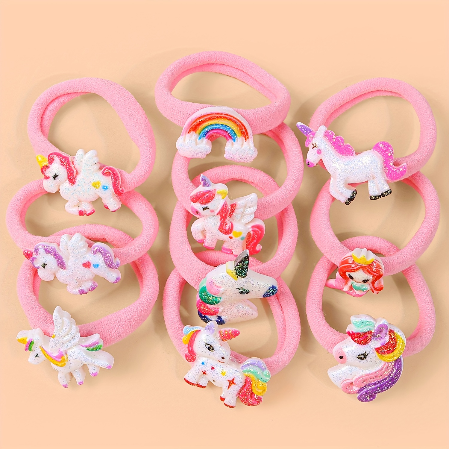 E-shop 10 Cartoon Harz Einhorn Haargummis aus hochelastischem Nylon, süße Einhorn-Stirnbänder für Partydekorationen