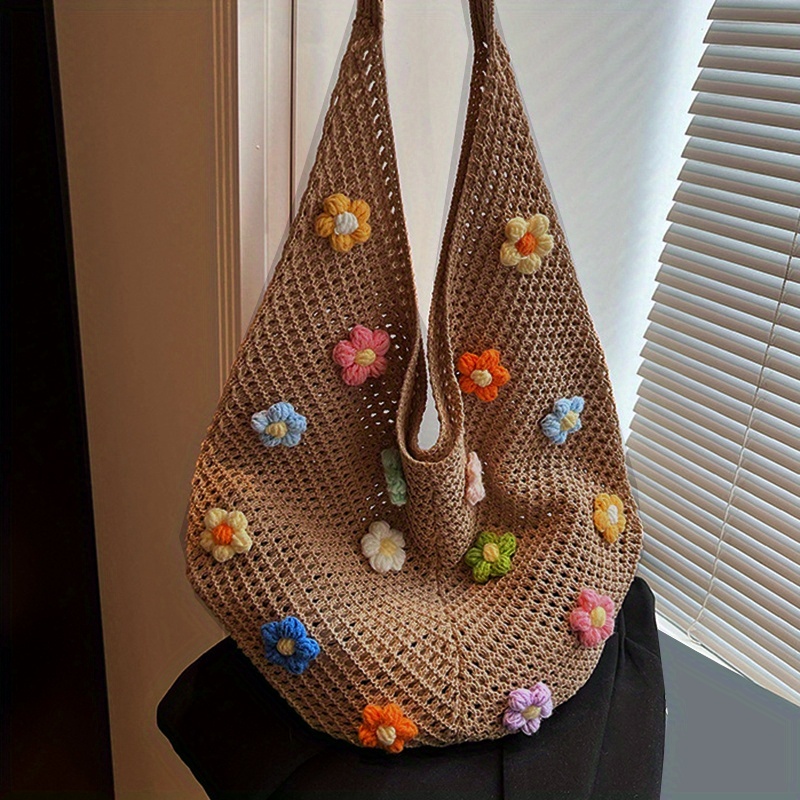 E-shop Damen Blumen-Strick-Schultertasche, modische Handtasche, leichte gehäkelte Tragetasche, lässige Tasche mit obenem Griff, Outdoor-Reisetasche