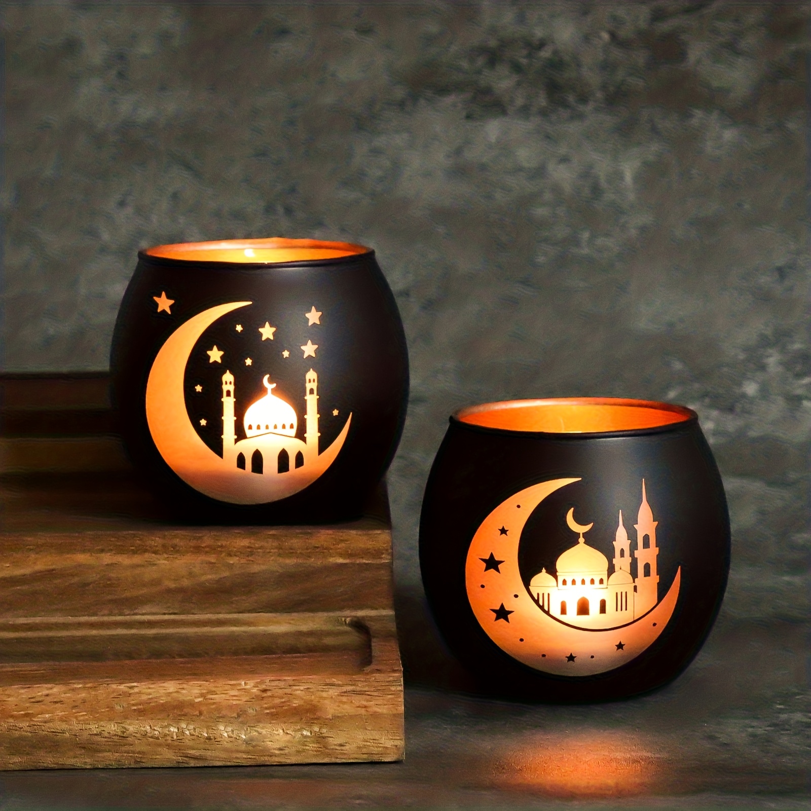 E-shop Set mit 2 dekorativen Kerzenständern für Hajj und Umrah, Glas-Kerzenständer für Eid , für Ramadan-Tischdeko, benötigt keine Elektrizität,