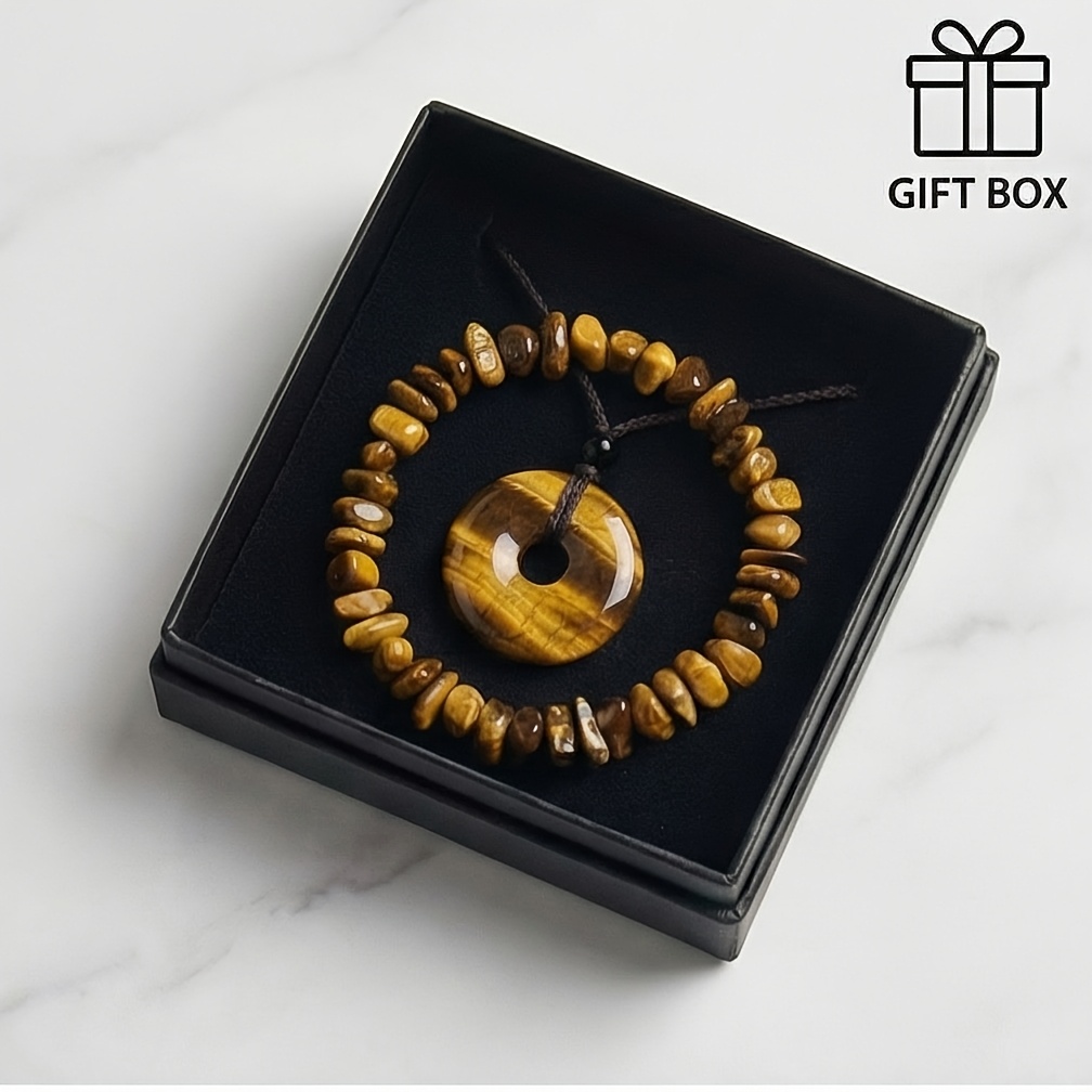 TEMU Set da 3 pezzi con collana in pietra di occhio di tigre naturale e braccialetto con pietra frantumata, per set di gioielli boh矇mien da donna in