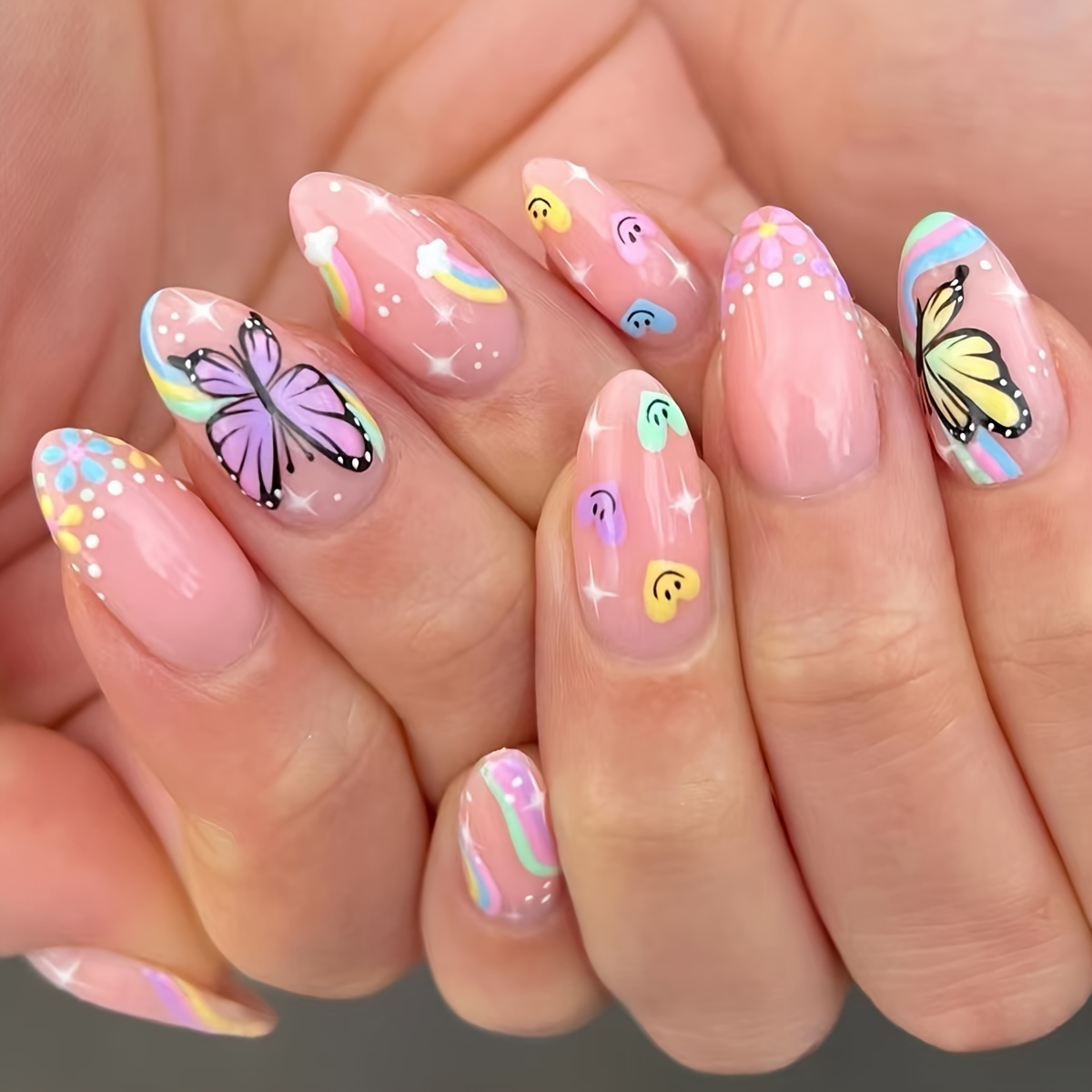 

24pcs Vibrant -shaped Press-on Nails Set With Heart, Butterfly & Floral Designs - Glossy , Medium Length - Includes Jelly Adhesive & Nail File For Easy Application, Clips, , Colorful,