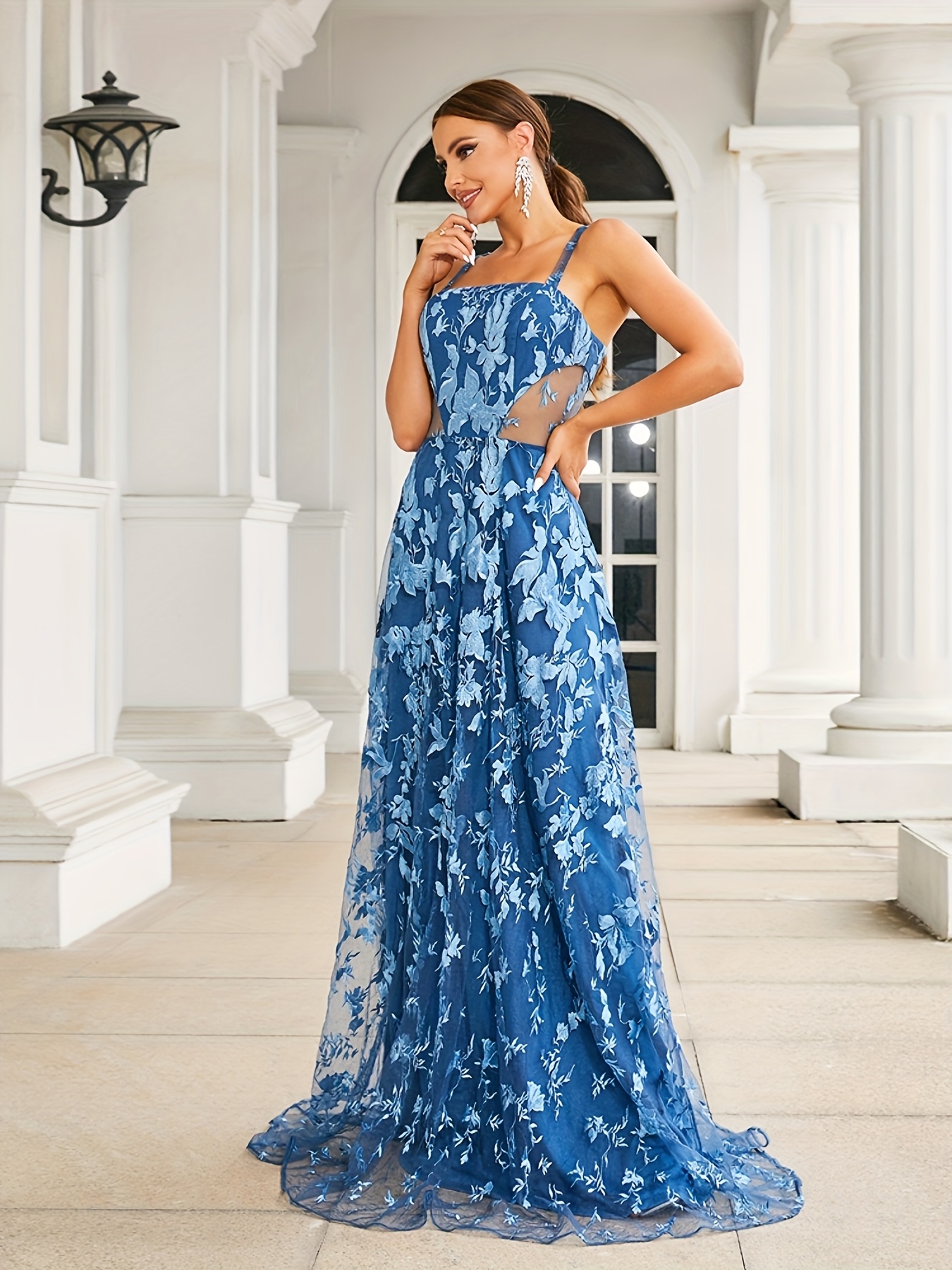 Wedding Royal Blue Maxi Dress Womens Elegant Shoulder Floral