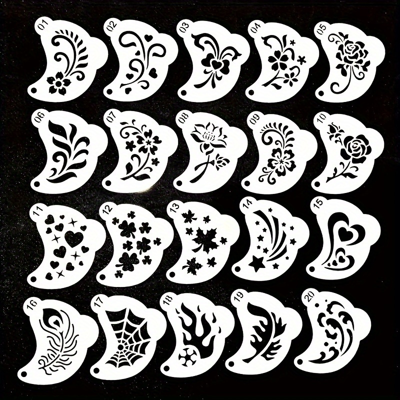 

20-pack Reusable Makeup Stencils With Hollow Patterns - Floral, Soccer, Spider Web & Heart Designs For Party And Festival Face Painting