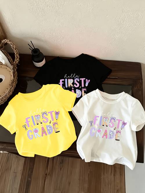 Artikelbild mädchen-t-shirt-set mit 3 teilen, „hallo erstklässlerin“, schleifen-schreibwaren-briefdruck, gelb/schwarz/weiß, dreifarbig, für frühling/sommer, vielseitig bequem, rundhals, kurzarm, für ausflüge im freien (alter 0-3)