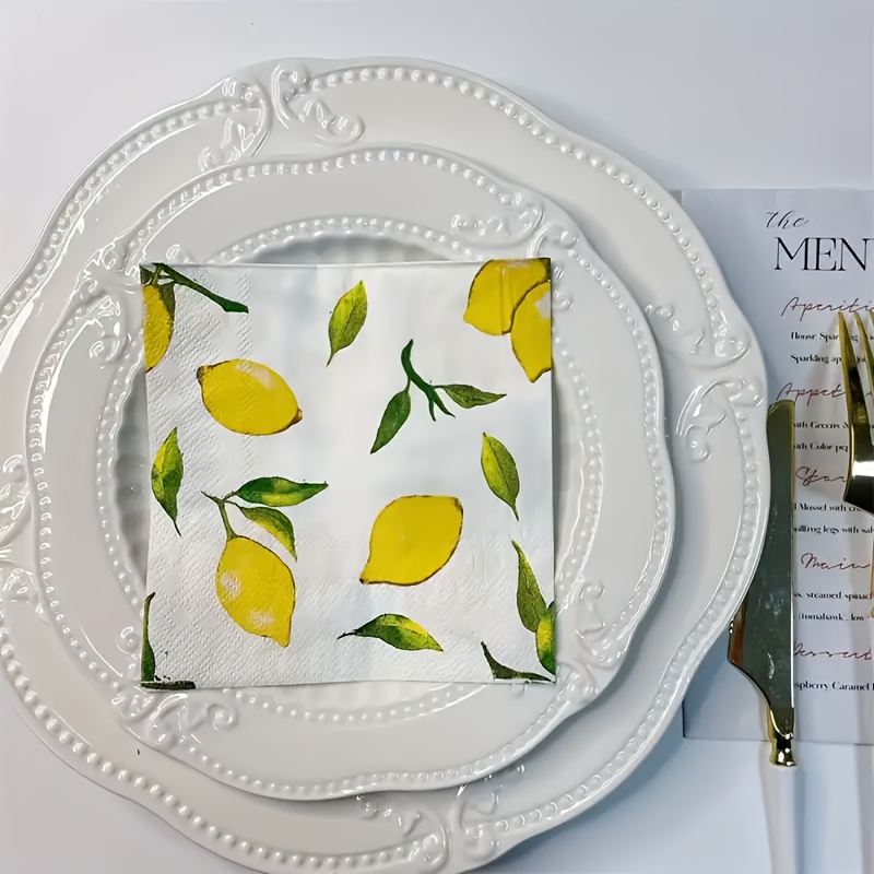 E-shop 20/40/60/100 Stück Zitronen-Servietten 6,5x6,5 Zoll - Lebendiges Zitrone & Blatt-Design, 2-lagige für Sommerpartys, Geburtstage, Themenfeiern –