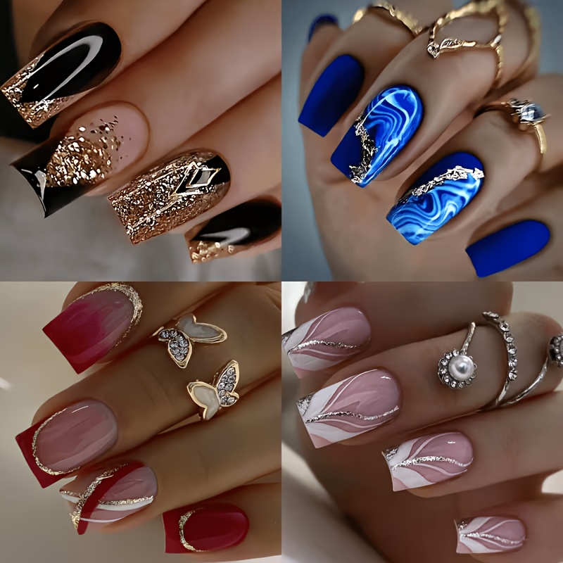 TEMU 98pcs Set (96 Wearable Armor Nails + 1 Buffing Block + 1 Jelly Glue) Press-on Nail Sticker Combination Kit, Black Nails, Blue Nails, Red Nails,