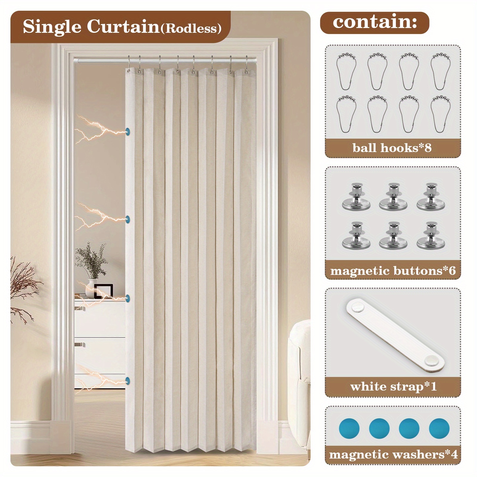 TEMU 1pc Foldable Door Curtain, No-rods Partition Privacy Waterproof, With Hook Attachment And Binding, All Season Bathroom
