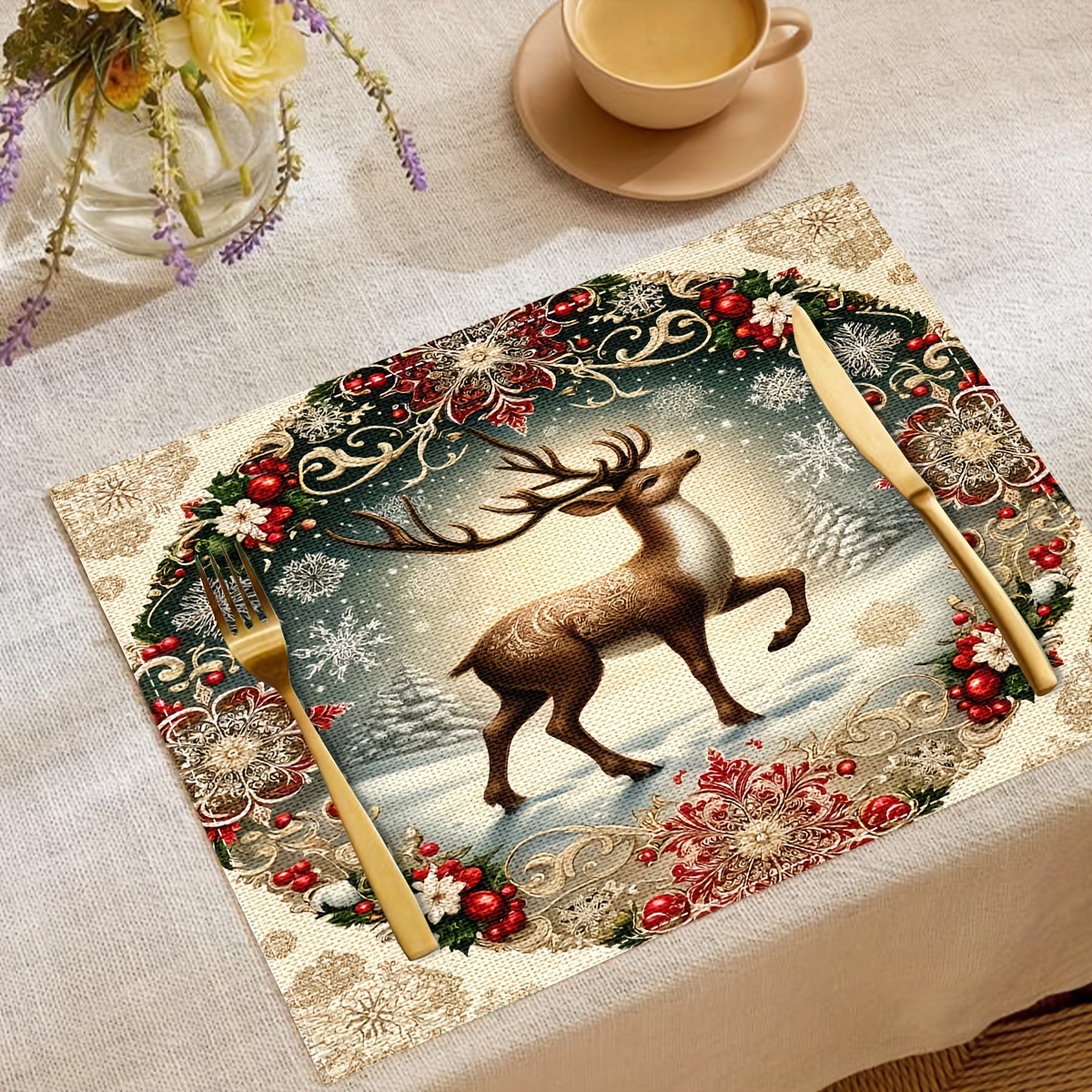 

Ensemble de sets de table Renne de Noël - Nappes de table tissées en lin 100%, lavables à la main, décor de table résistant à la chaleur, imperméables, pour la maison et les fêtes (2 pièces/4 pièces)