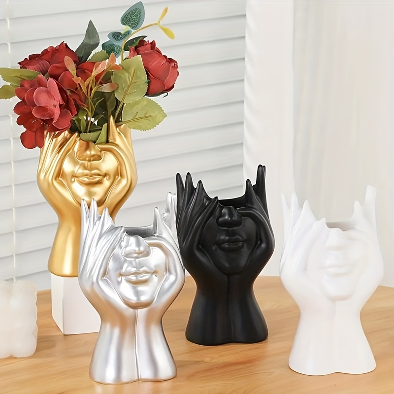 

Classic Style Resin Face Vase Decorative Centerpiece With Pedestal Design, Floral Pattern Hand Gesture Vase For Home & Office Decor, Global Theme Display Flower Holder
