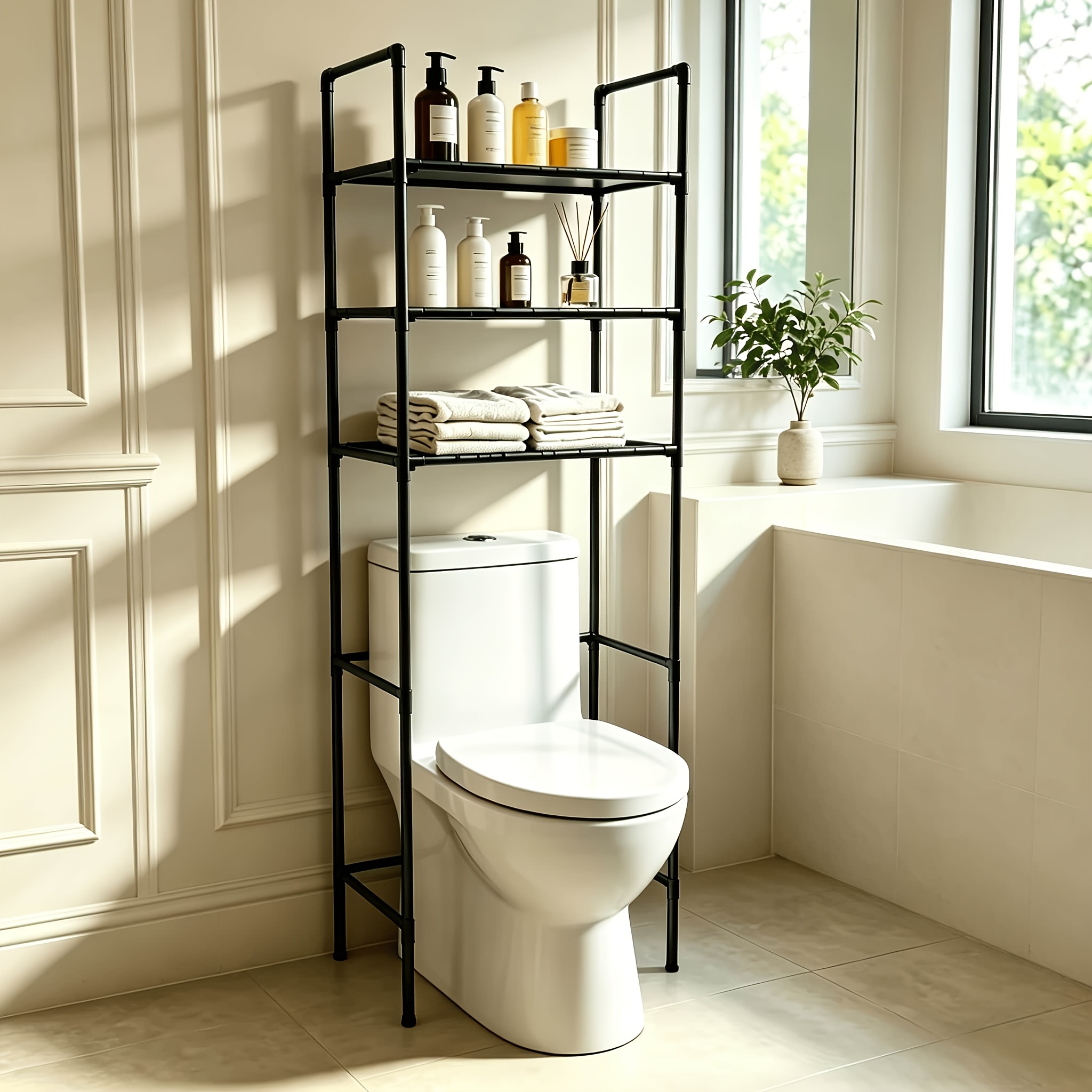 TEMU Étagère de rangement surélevée à plusieurs niveaux autoportante au-dessus des toilettes, organisateur de salle de bain en métal épaissi, étagère