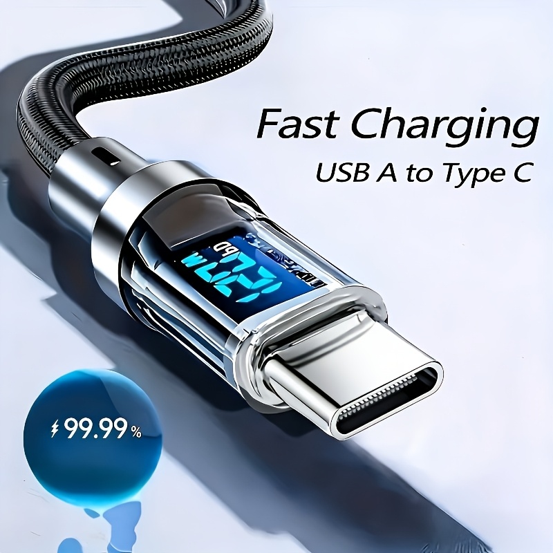 120W 6A Rapid Charging Cable | USB Type-C Charge Cable with LED Display - Fast and Safe Charging Solution for Devices, Glossy Surface, Flat Shape