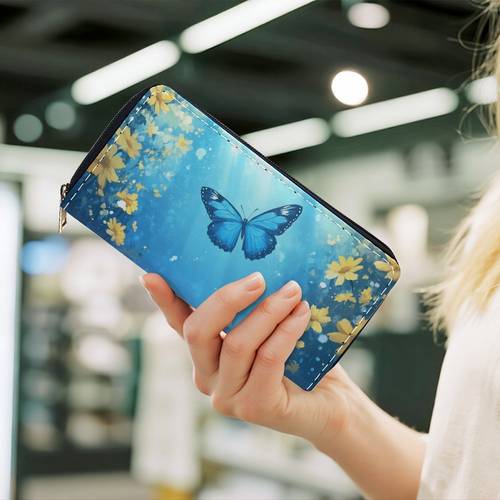 a long wallet featuring a blue in sunlight with a zipper suitable for women and men this multifunctional purse card holders card slots and a pouch it boasts a stylish double sided pattern