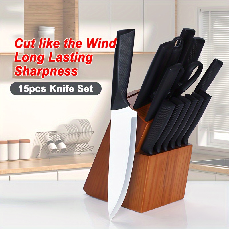 

15pcs/knife Set, 15 Pieces Kitchen With And Built-in Knifesharpener German Stainless Steel Handle One-piece Design Knives Setdishwasher Safe, Black, Suitable For Kitchen Cooking, Outdoor Camping, Rv