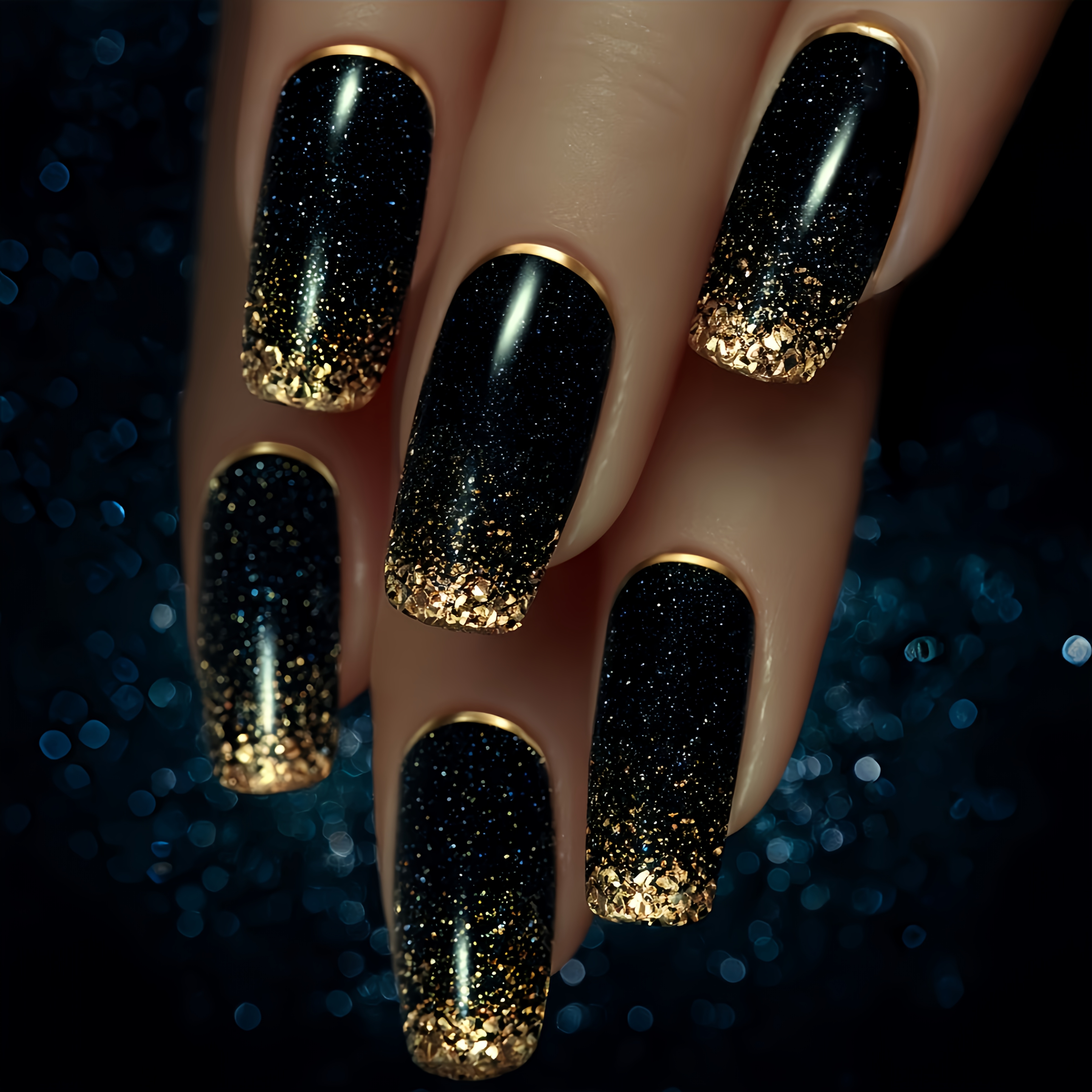 24pcs Golden Glitter Ombre Black Long Square Press-on Nails, Detachable Fake Nails For Women, Simple & Elegant Nail Art To Enhance ' Charm
