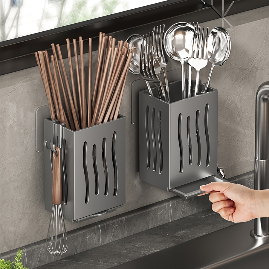 

Wall-mounted Kitchen Utensil Organizer - Space-saving Cutlery Caddy With Drain Tray & Hooks For Forks, Spoons, Knives, Chopsticks - Durable Plastic