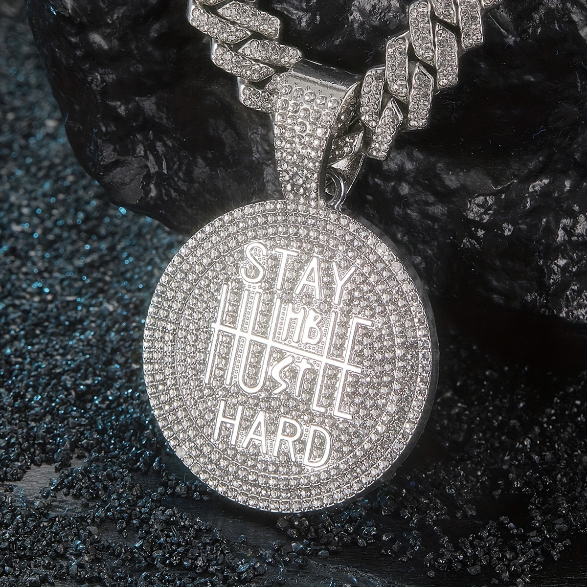 

Stay Hard Round Pendent Necklace With Iced Cuban Link Chain Rapper Gift For Men Women