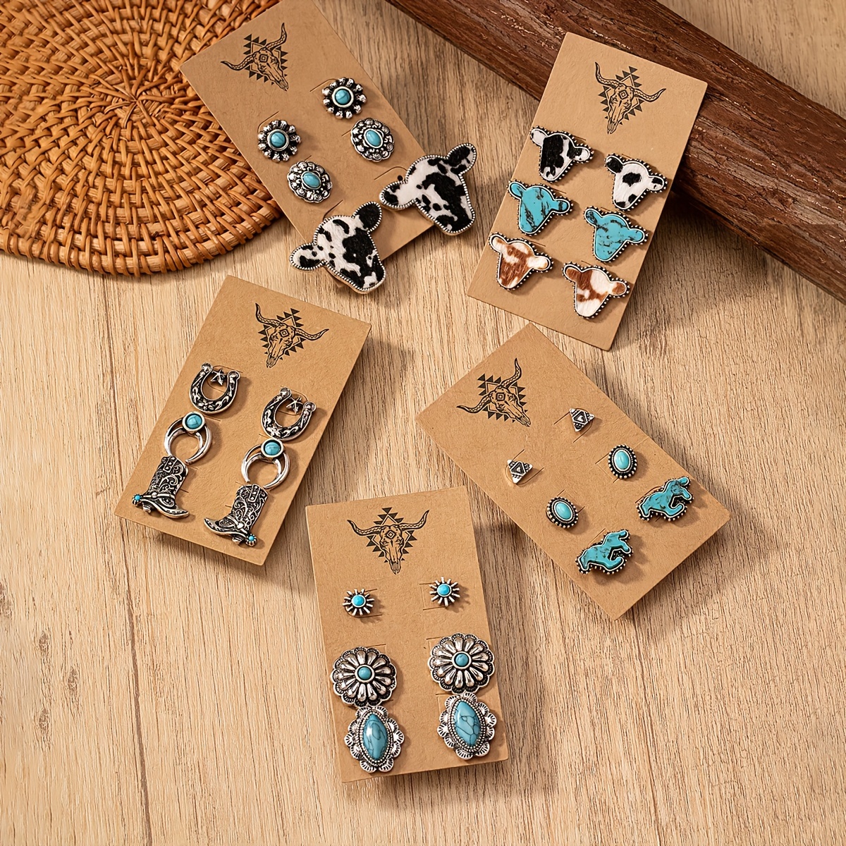 

3 Pairs Set Of Tiny Cowboy Boots Cow Head Flower Horseshoe Design Stud Earrings Zinc Alloy Natural Stones Inlaid Female Gift