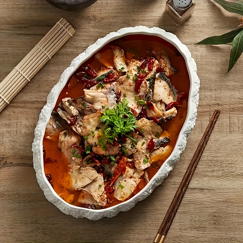 2pcs Set of Large Ceramic Fish Plates with Rock Pattern - Perfect for Steaming Fish, Lobster And Seafood - Elegant Tableware for Fine Dining Restaurants And Home Use