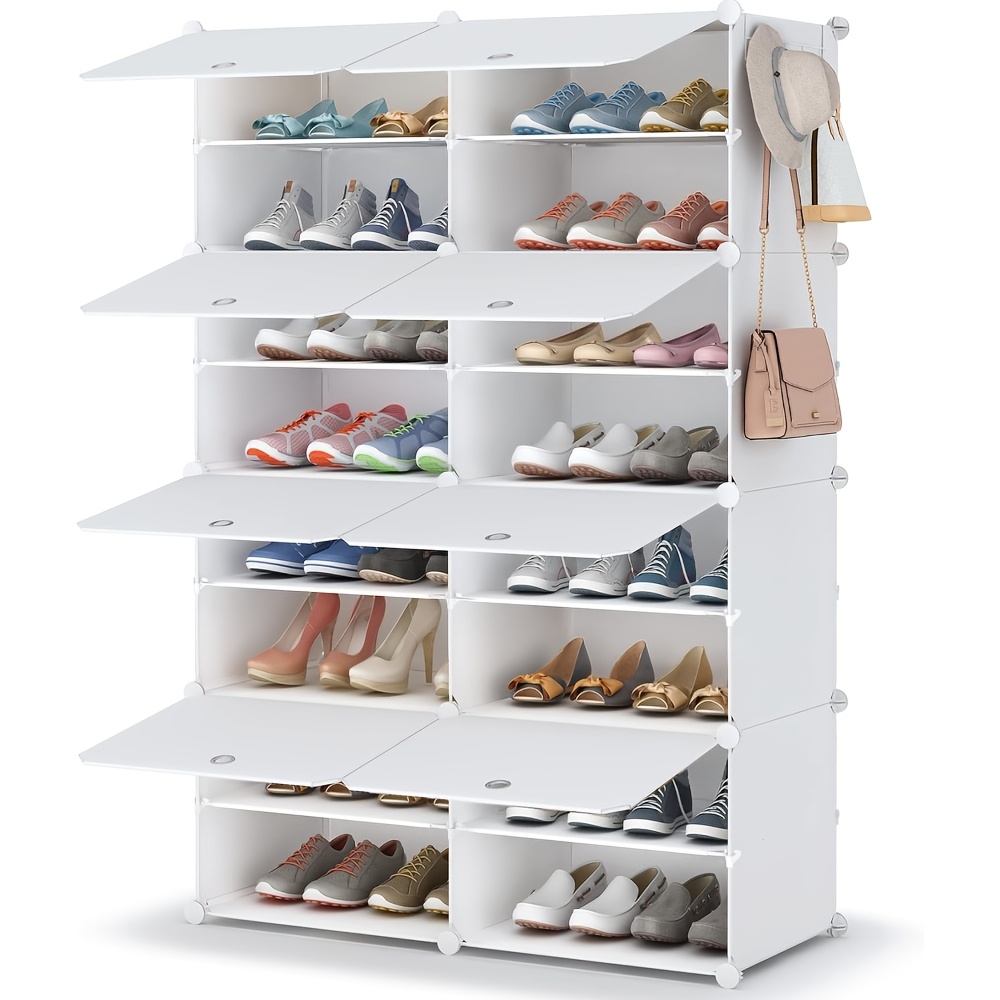 TEMU 6/8-tier Shoe Cabinet With 24/32 Storage Compartments, Featuring Side Hooks And A Sturdy Metal Frame With Black And White Plastic Panel Shelves.