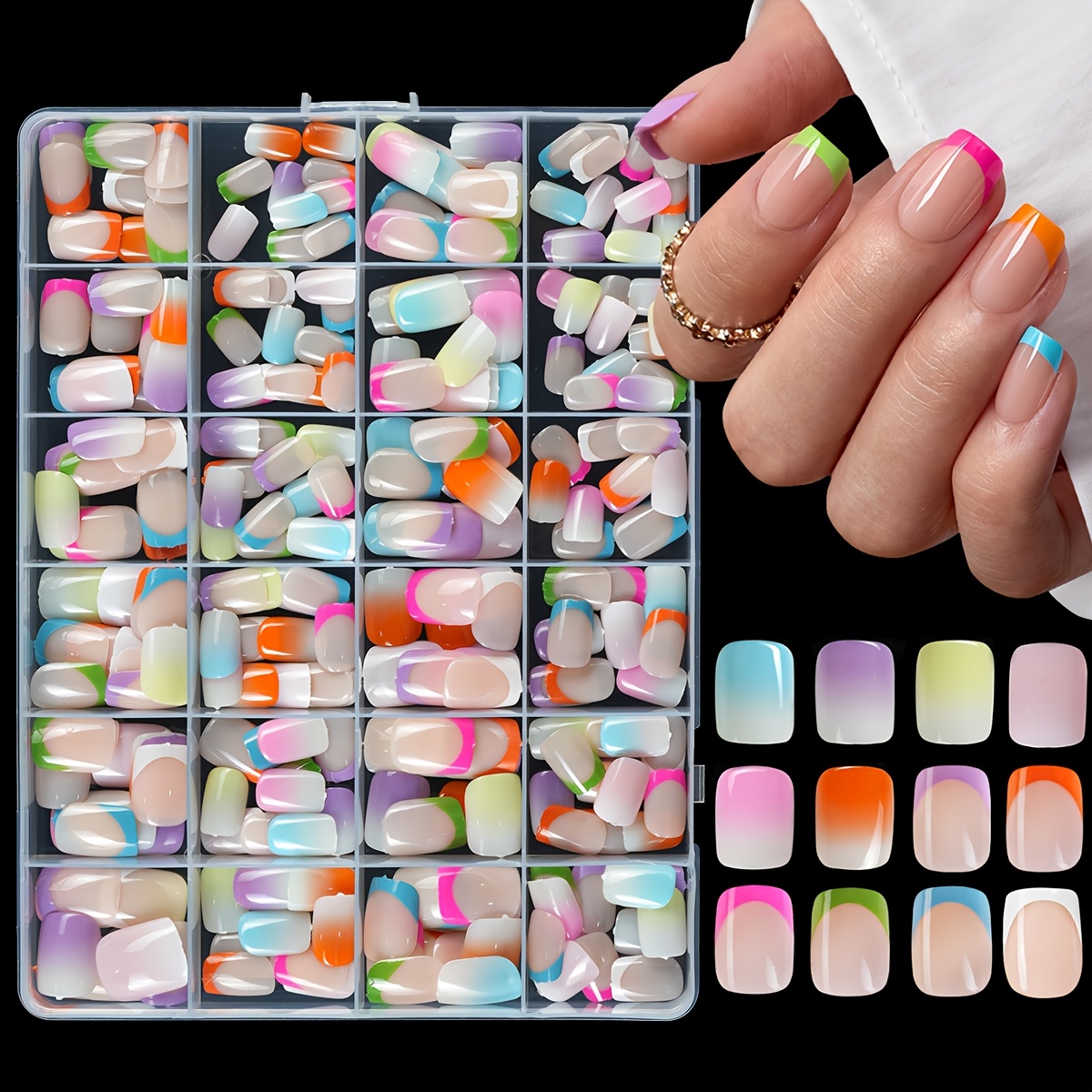 TEMU Set de 288 uñas postizas cuadradas de estilo francés con degradado corto para presionar, 12 combinaciones de estilos, acabado , uñas removibles