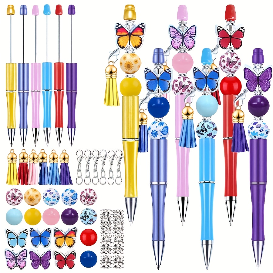 

54pcs Vibrant Beaded Ballpoint Pen Set With Tassels - 1mm , Diy Craft Kit For Keychains, Bracelets, Necklaces - Ideal For Office & School Use