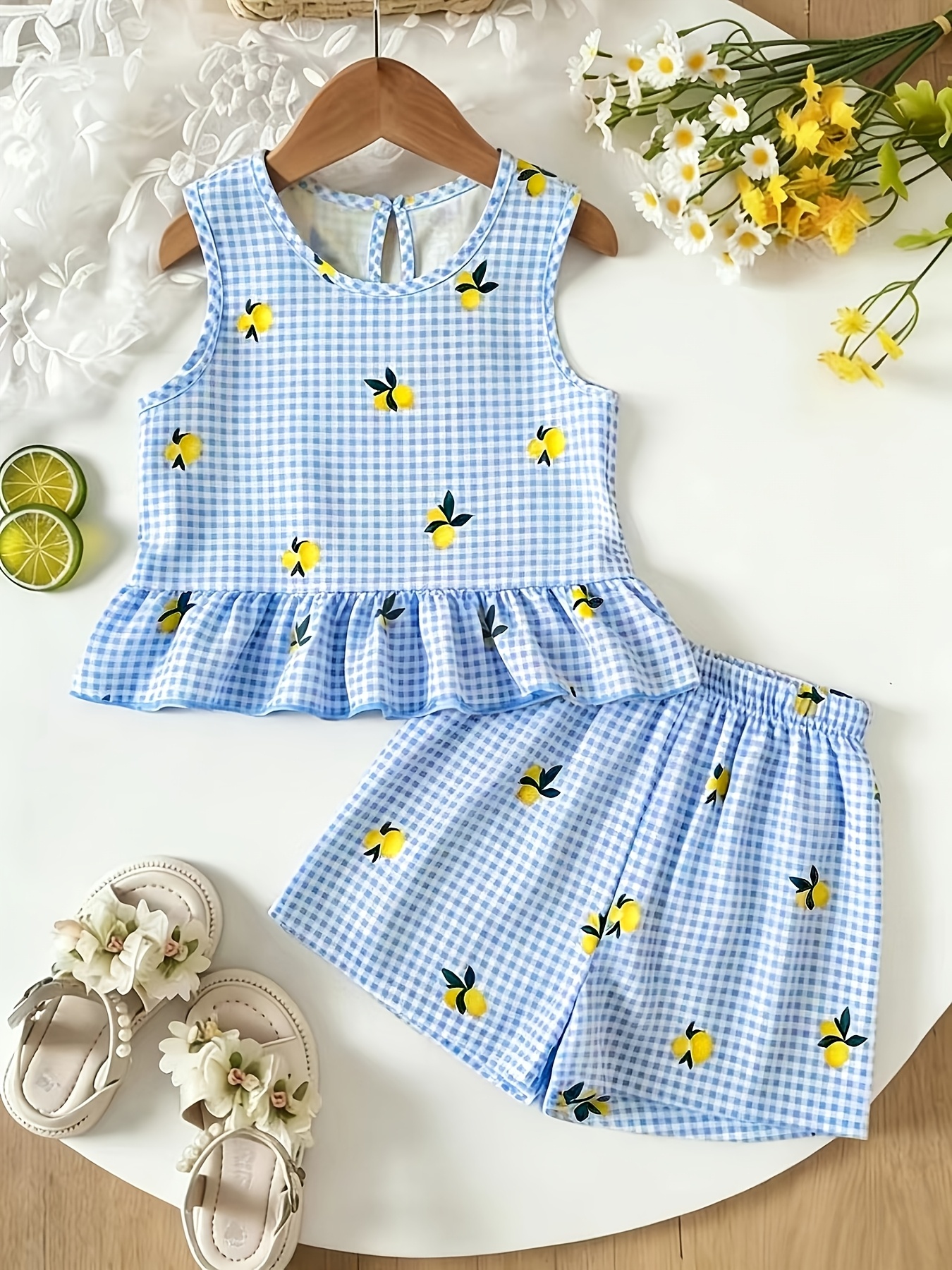 2pcs set girls vest and shorts outfit lemon print contrast plaid pattern     summer casual outfit for little girls ideal gift for girls 8 suitable for outdoor wear