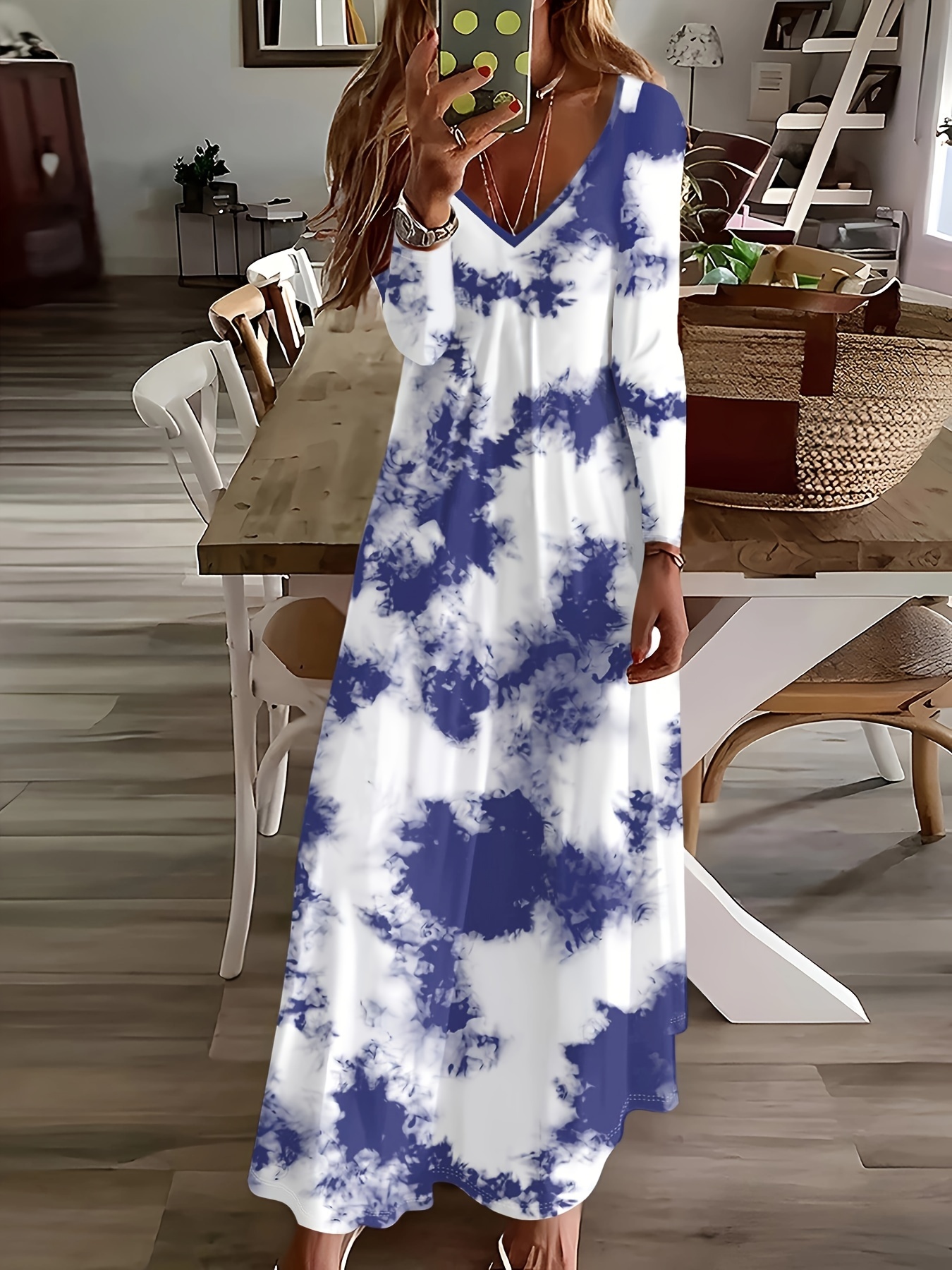 tie dye print v neck loose maxi dress elegant long sleeve Temu