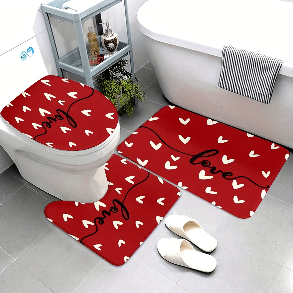 

3pcs Valentine's Day Bathroom Mat Set - Non-slip Knit Polyester Rugs , Machine Washable, Includes U-shaped Toilet Cover, Oblong Bathtub Mat, And Contour Rug - Festive Home Decor