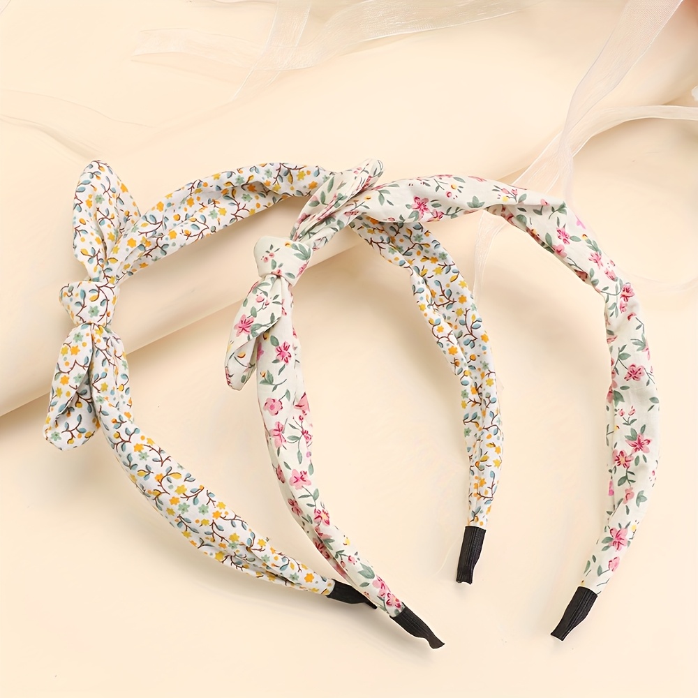 Image of 2pcs Floral Print Headbands For Girls Elegant Floral Polyester Hair -season Daily Wear Versatile Hair Accessories For Patrty Gifts