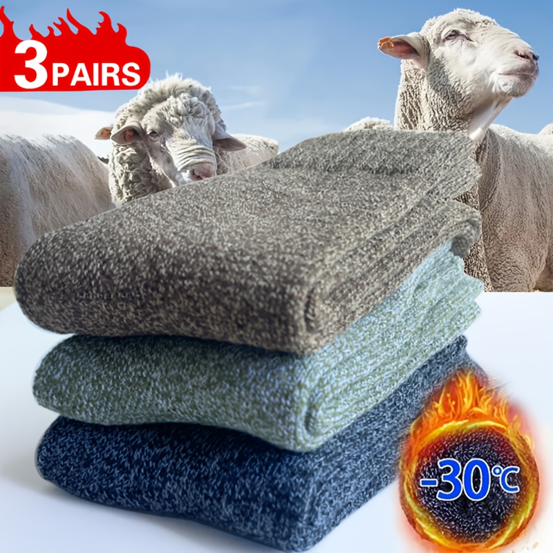 TEMU 3-pair Ultra-warm Men's Winter Socks, Thick Toweling Mid-calf Socks With Cold-proof Technology, , Sizes 38-44, Polyester Blend Knitted Fabric