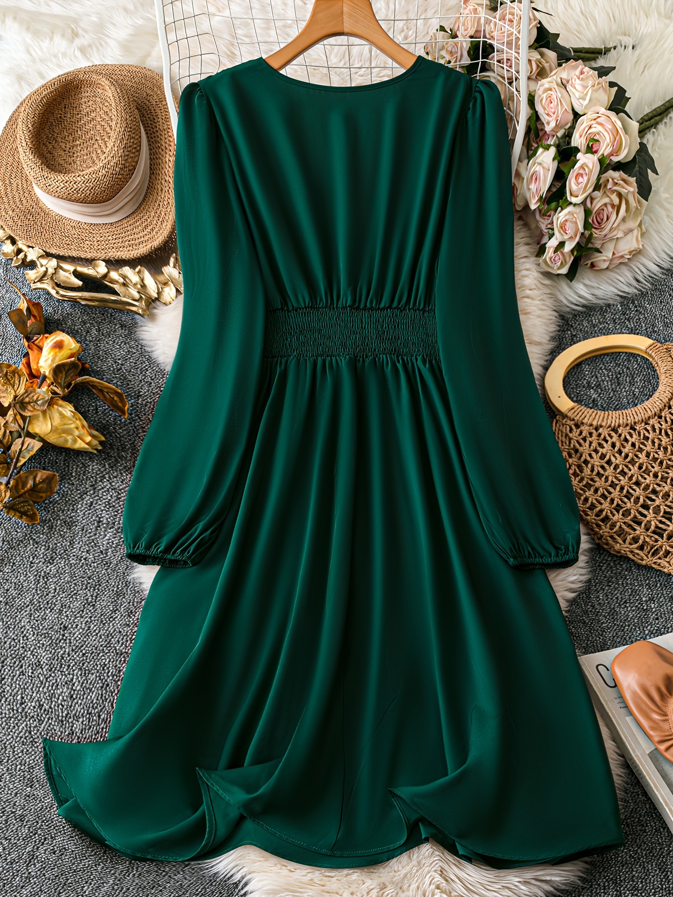 plus size v neck ruched waist dress emerald green fitted Temu