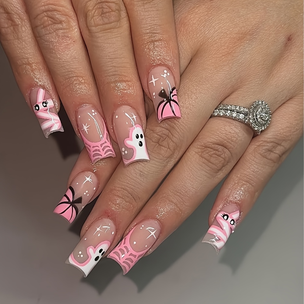 TEMU 24-teiliges Set Halloween-Press-on-Nägel für Damen – Künstliche Nagelspitzen mit Nude-Basis, rosa Spinnennetz- & Wirbel-Bonbon-Druck, glänzende,