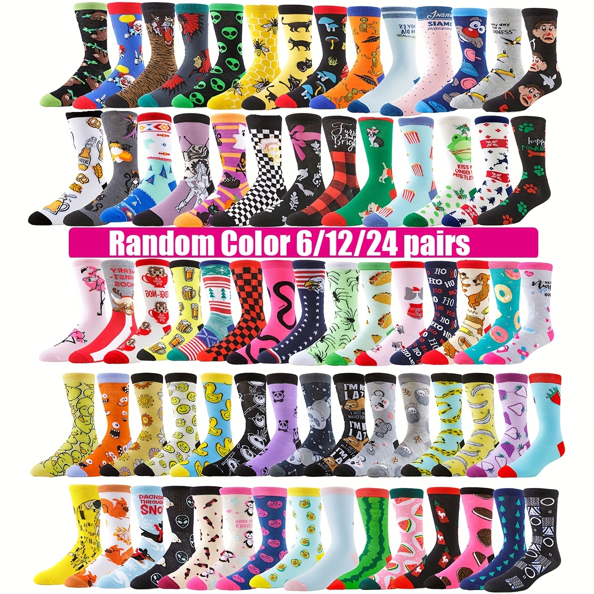 

6/12/24 Pairs Colorful Novelty Socks For - Fun Animal, Fruit & Geometric Designs, Hip Hop Style, Machine Washable, Random Colors (6/12/24 Pairs), Cute Socks