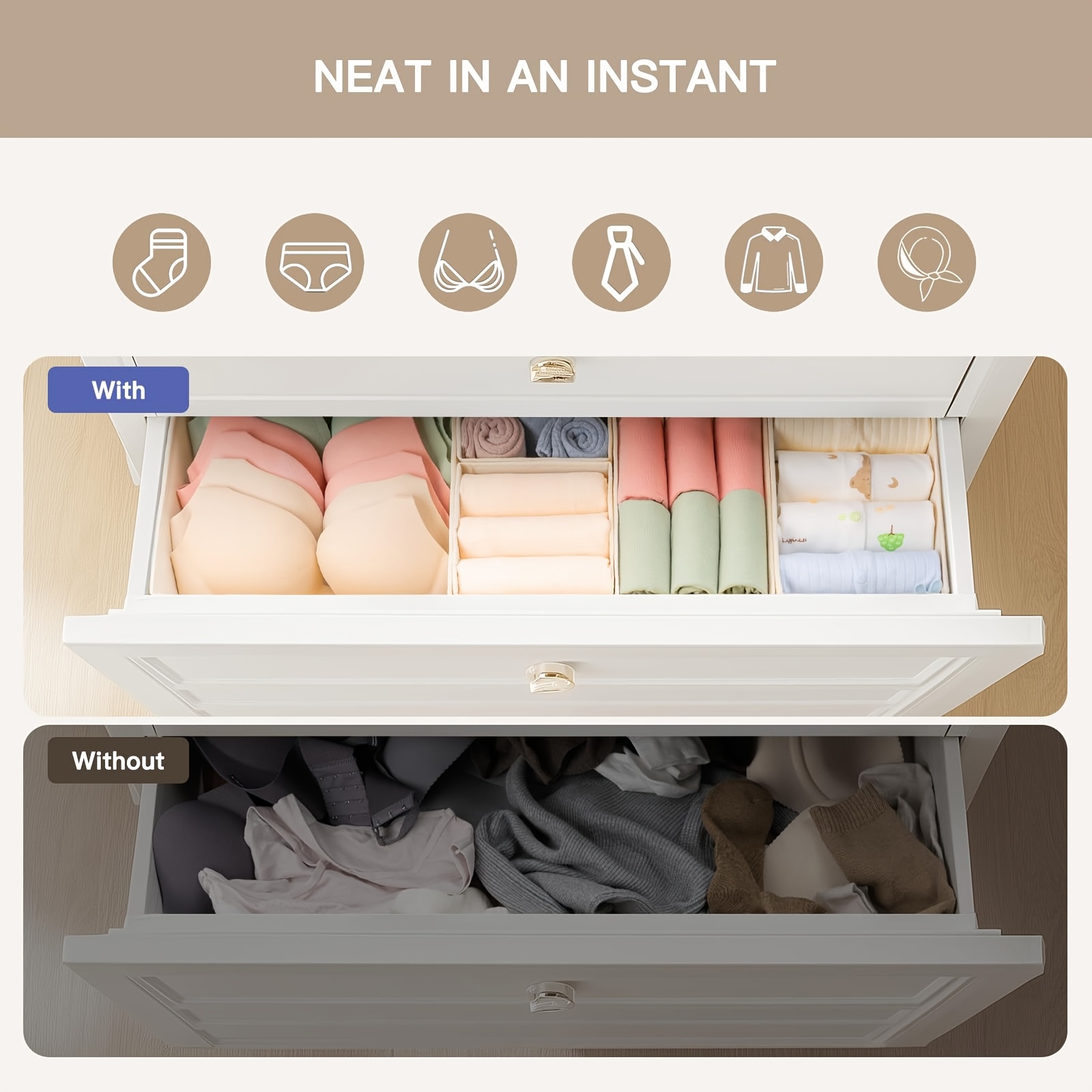 Schubladen-Organizer Für Kleidung – 12 Stück, Faltbar, Beige, Für Socken, Unterwäsche, Babykleidung