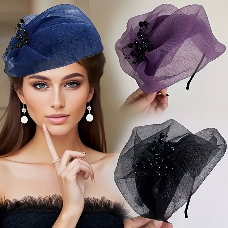 

1pc Fashion Tulle Fascinator Headband, Elegant Retro Style Breathable Organza Half-hat, Versatile Chic Headwear With Beaded Accents For Hair Concealment, Sophisticated Women's Headpiece