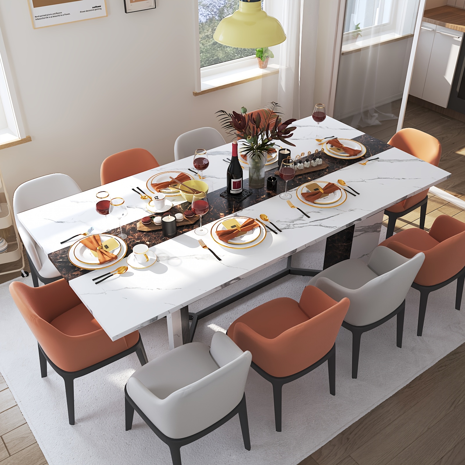 Waterproof and Scratch-Proof Dining Table - Luxurious 71-Inch Large Rectangular with Marble-Color Wood Top - Adjustable V-Shaped Legs for 4-7 People - Ideal for Family Dinners, Office, Kitchen, Living Room