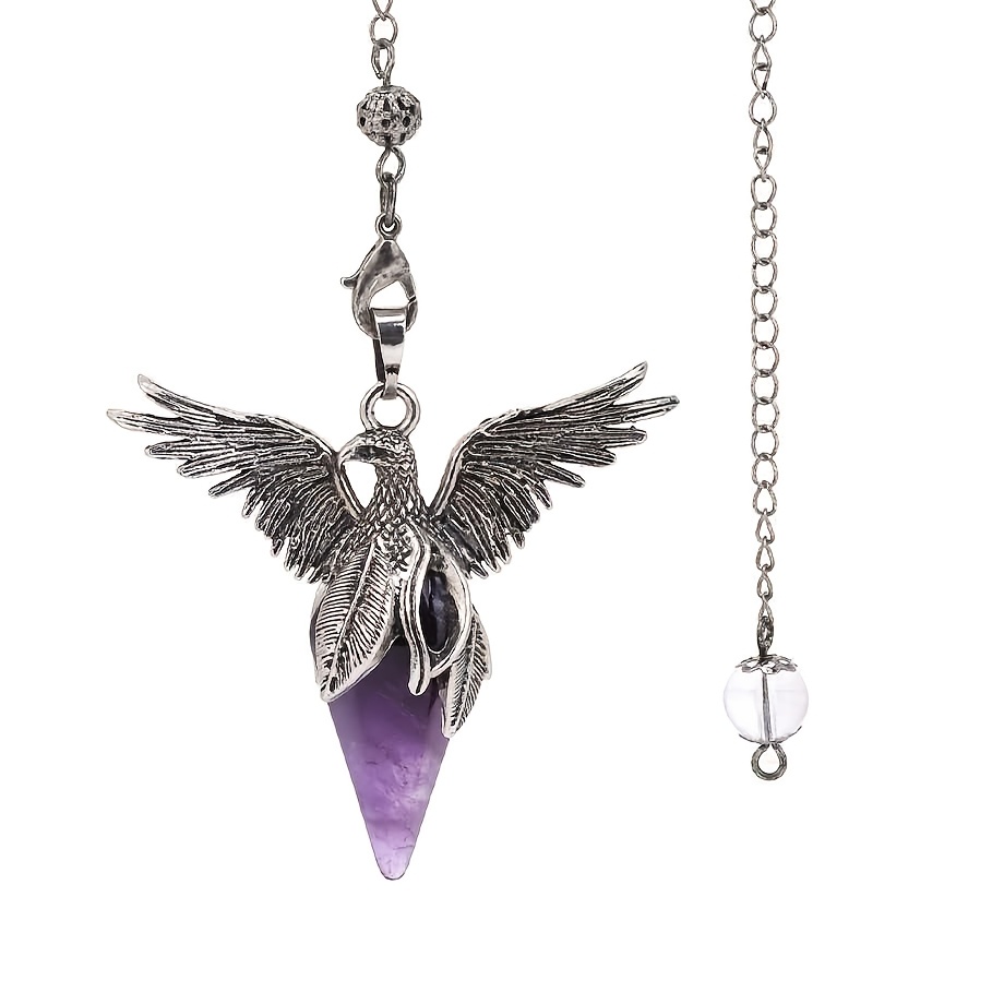TEMU 1pc Retro Phoenix Natural Crystal Hexagonal Cone Pendulum Pendant Amethyst Rose Quartz Obsidian Multicolor Stone Pendant, Retro Niche Style,