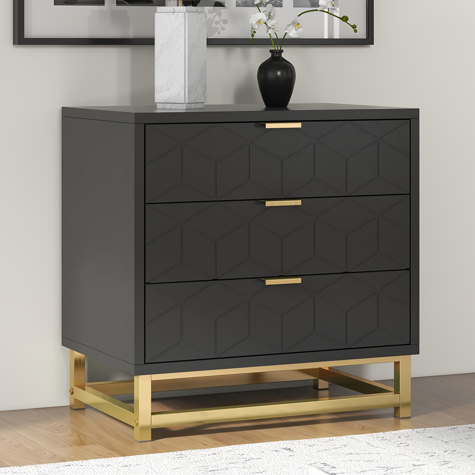 

Contemporary Black Wooden 3-drawer Chest With Geometric Design And Gold Accents, Modern Storage Dresser For Bedroom Or Living Room