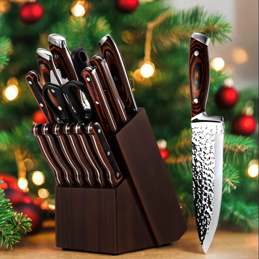 

Kitchen Knife Set, 15-piece Knife Set With Block Wooden, Self Sharpening For Chef Knife Set, High Carbon Japan Stainless Steel Collection Knife Block Set With Steak Knives, Knife Set