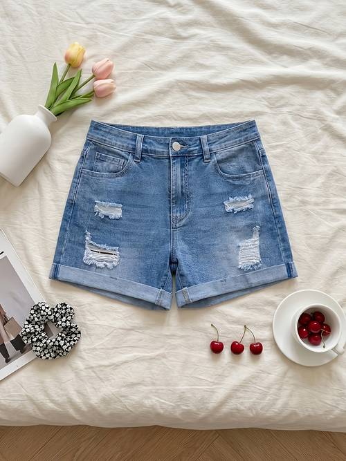 imagem do item shorts jeans femininos esticados rasgados e dobrados para cima, calças casuais de verão com bolsos, roupas da moda feminina, calças de jeans , adequados para viagem e trabalho