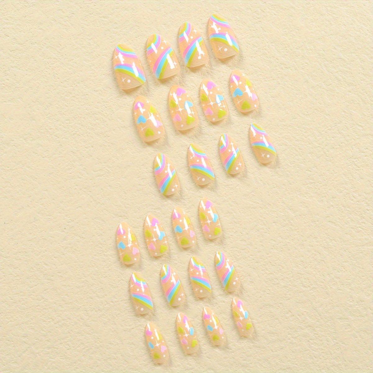 medium oval press on nails with heart star design rainbow stripe fake nails full cover false nails for women and girls details 0