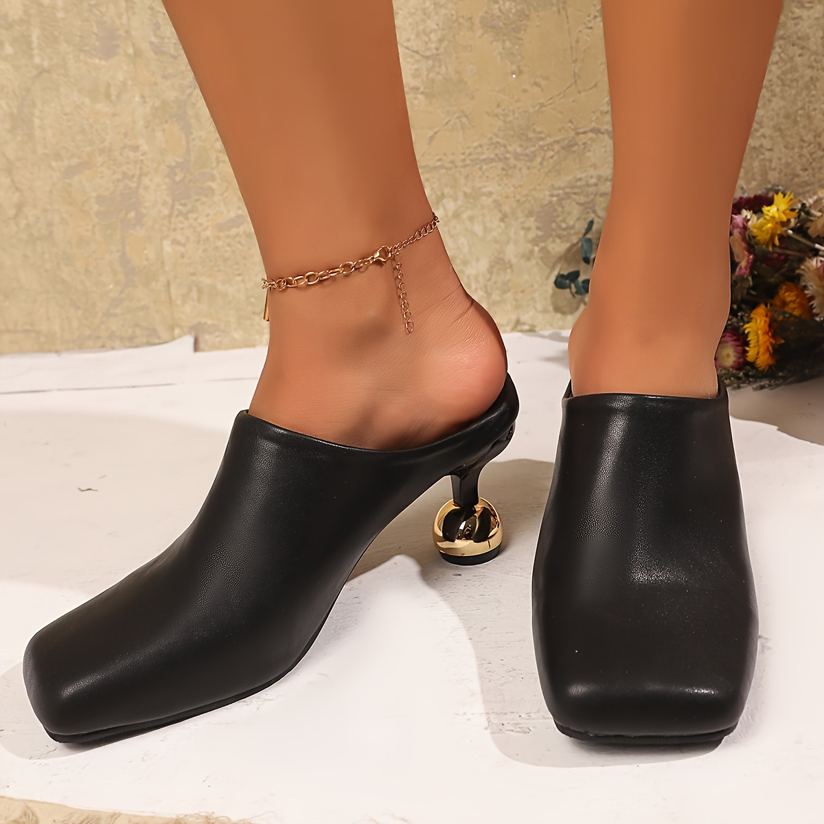 Ladies Fashion High Heel Cap Toe Slip-on Sandals, Summer New Vintage, Synthetic Upper, Rubber Sole, Synthetic Insole, with Strappy Back for Wome