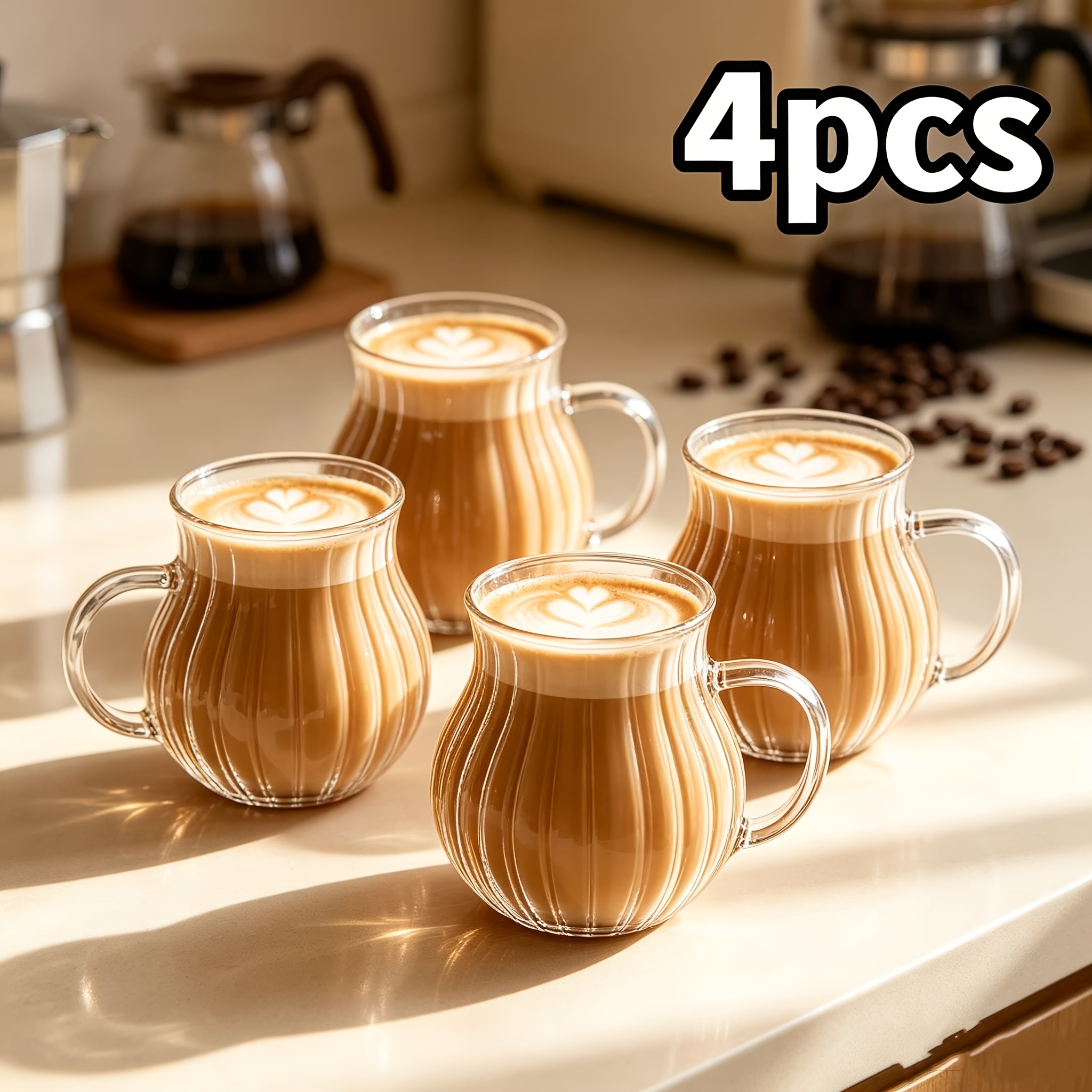 TEMU 4pcs Set Of Wavy Vertical Stripe High Borosilicate Transparent Glass Cups, 220ml Curved Handle Small Coffee Cups And Teacups, Microwave And