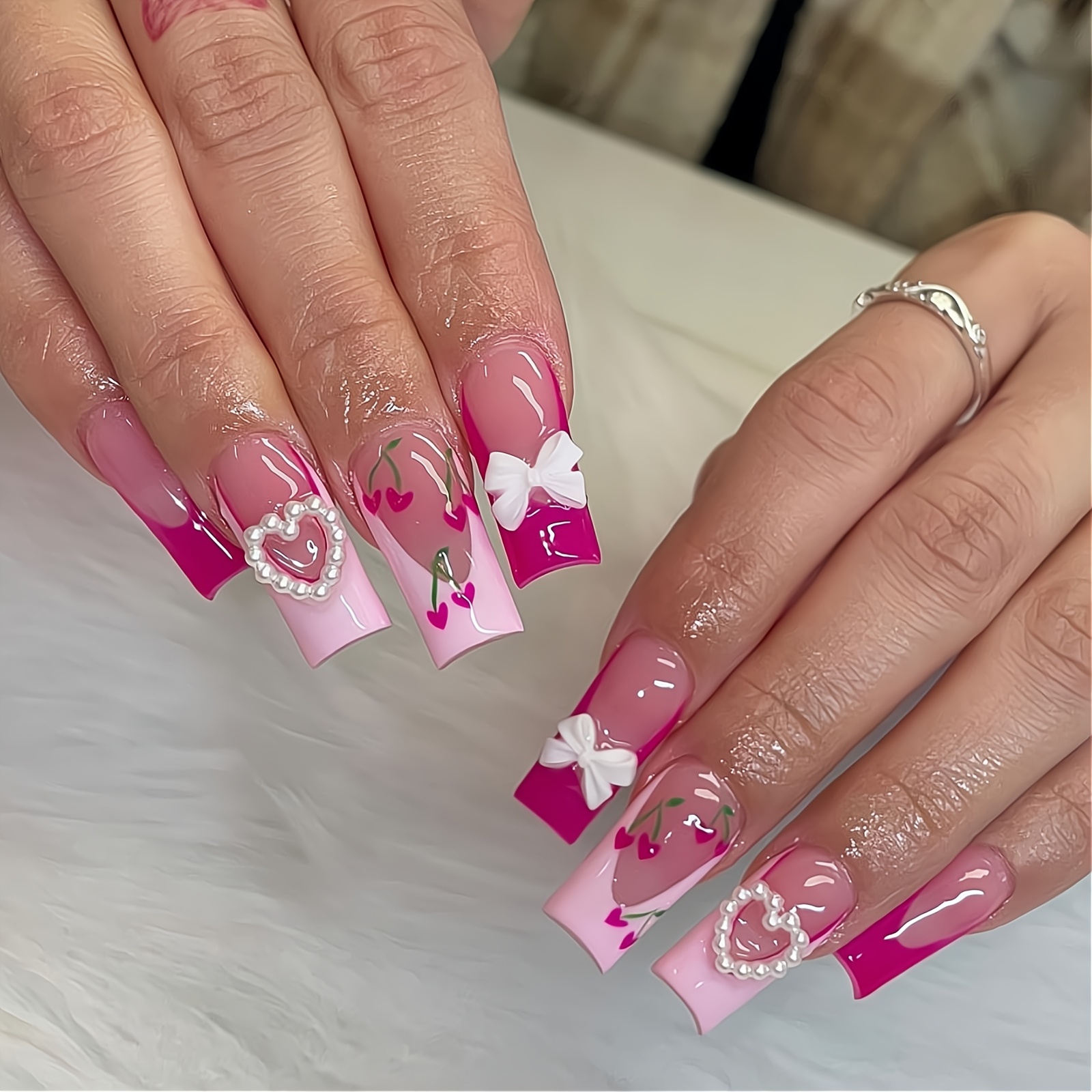 

24pcs Medium Rectangle Nails Pink French 3d Love Bow Decoration Press-on Nails Pink Cherry Design Gift For Women And Girls Removable Repeated Wear